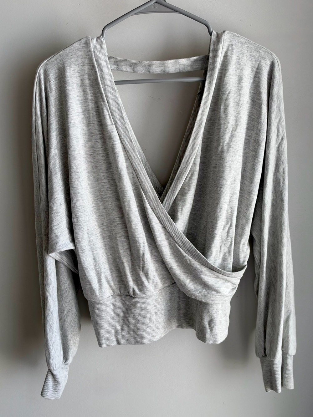 Express Light Grey Surplice Wrap-Front Long Sleeve Top